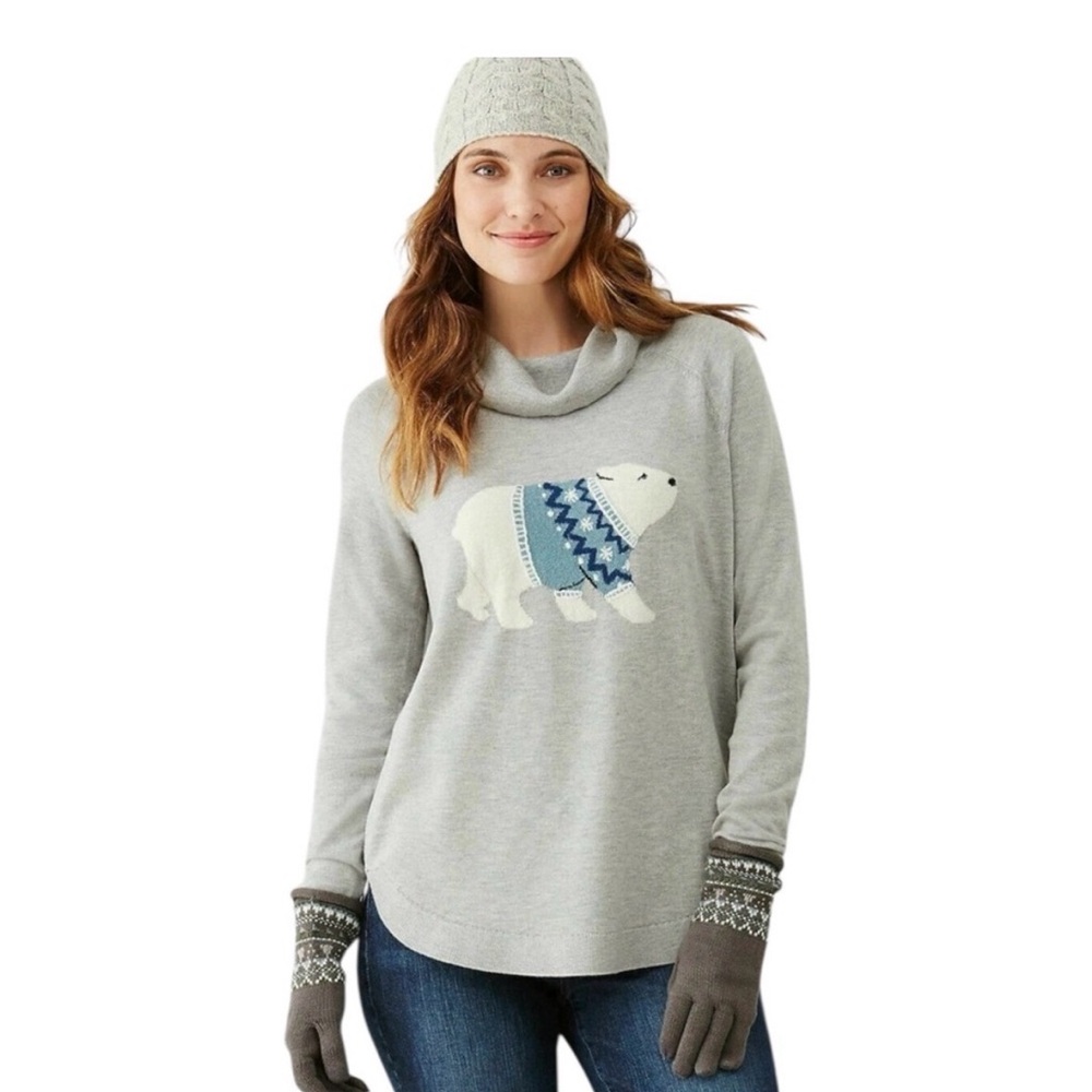 J.Jill Grey Cowl Neck  Polar Bear‎ Sweater Sz M